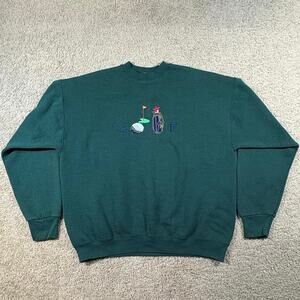 Vintage‎ 90s Golf Embroidered Cottagecore Grandpa Green Crewneck Sweater Mens XL